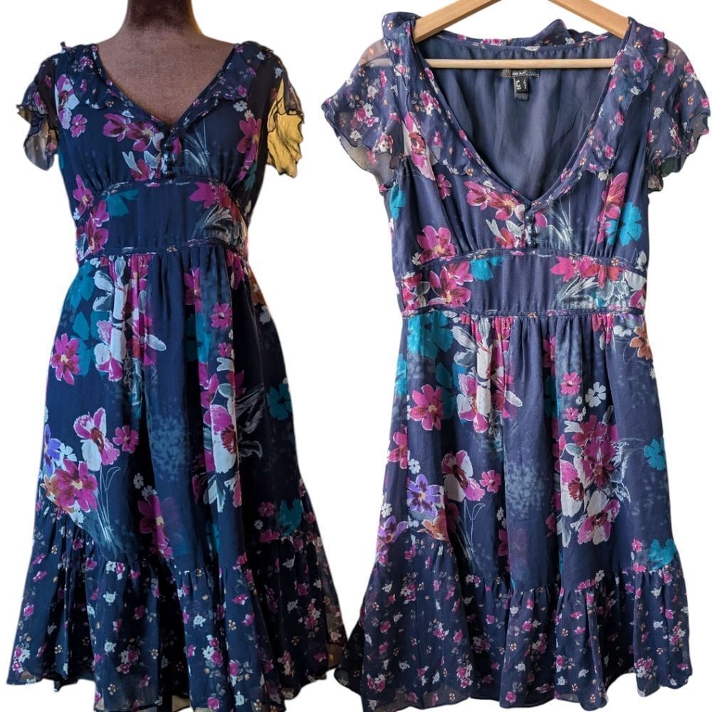 Mango Dainty Floral 💯 Silk Fit And Flare Dress Us 8 Eu Large Knee Length